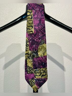 Vintage Bellissimo by Tip Top Purple and Olive Green Abstract 100% Silk Tie